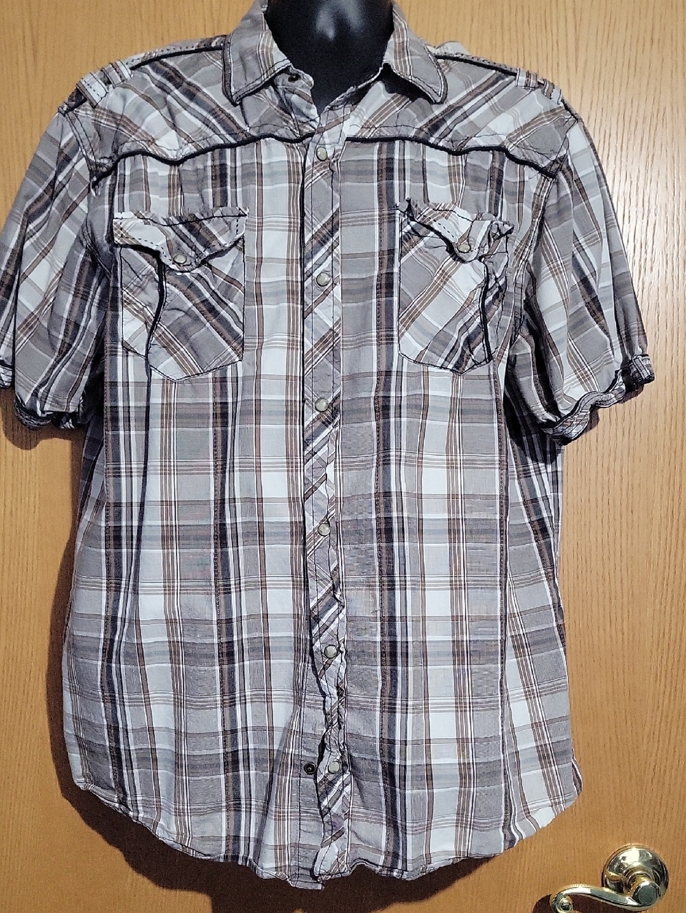 BKE Short-Sleeve Plaid Button-Down Shirt - Gray and Brown